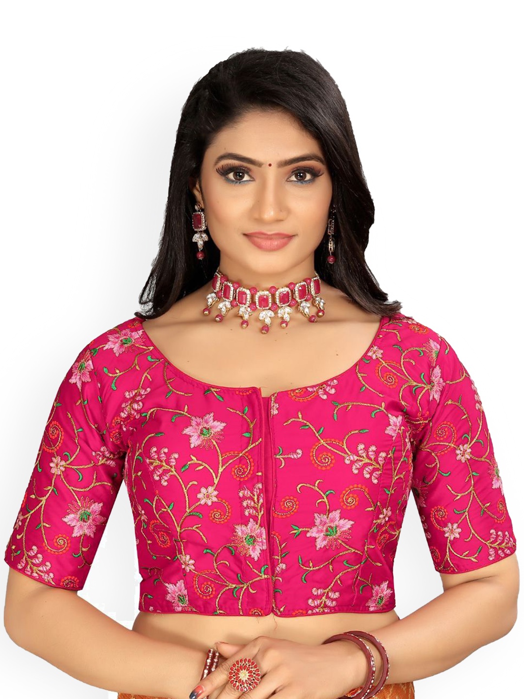 

HERE&NOW Embroidered Round Saree Blouse, Pink