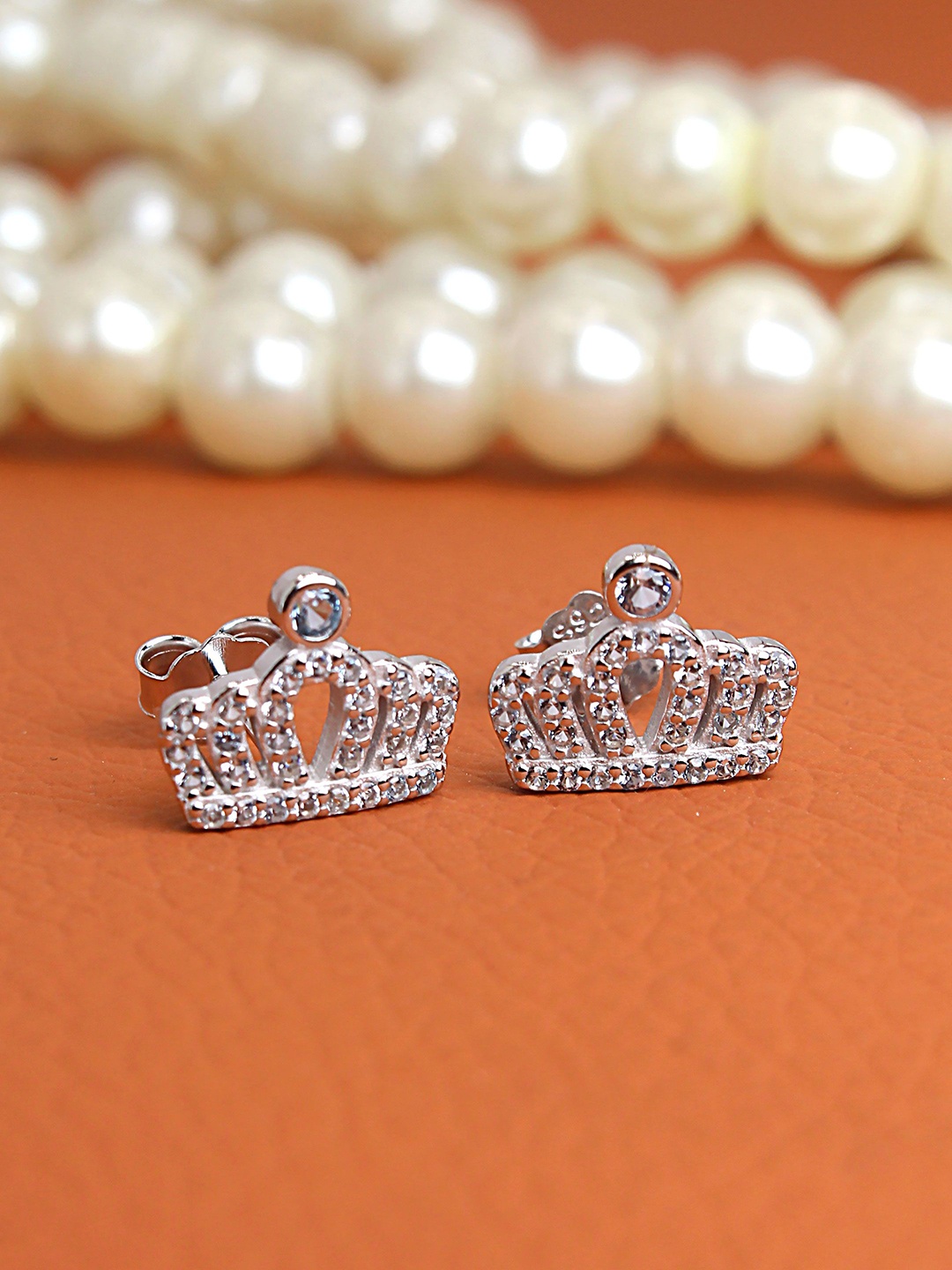 

DEVASHREE 925 Sterling Silver Rhodium-Plated Cubic Zirconia Studded Crown Shaped Studs