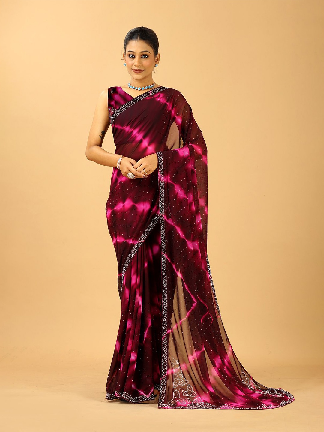 

A.V.M. SILK MILLS Tie and Dye Beads and Stones Saree, Purple