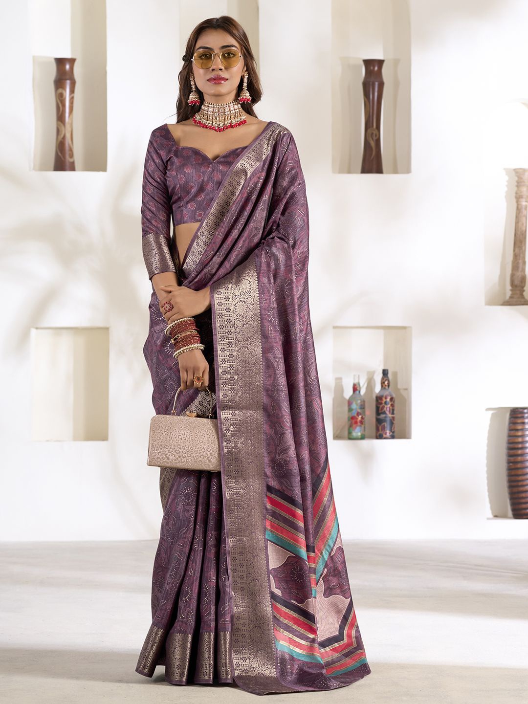 

LeeliPeeri Designer Woven Design Foil Printed Zari Saree, Purple