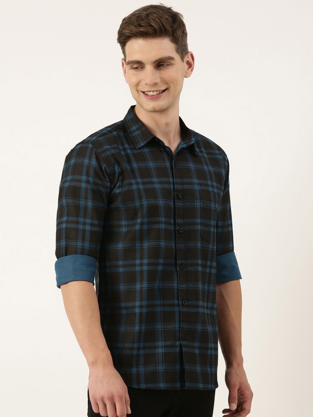 

Metronaut Men Spread Collar Tartan Checked Cotton Casual Shirt, Olive