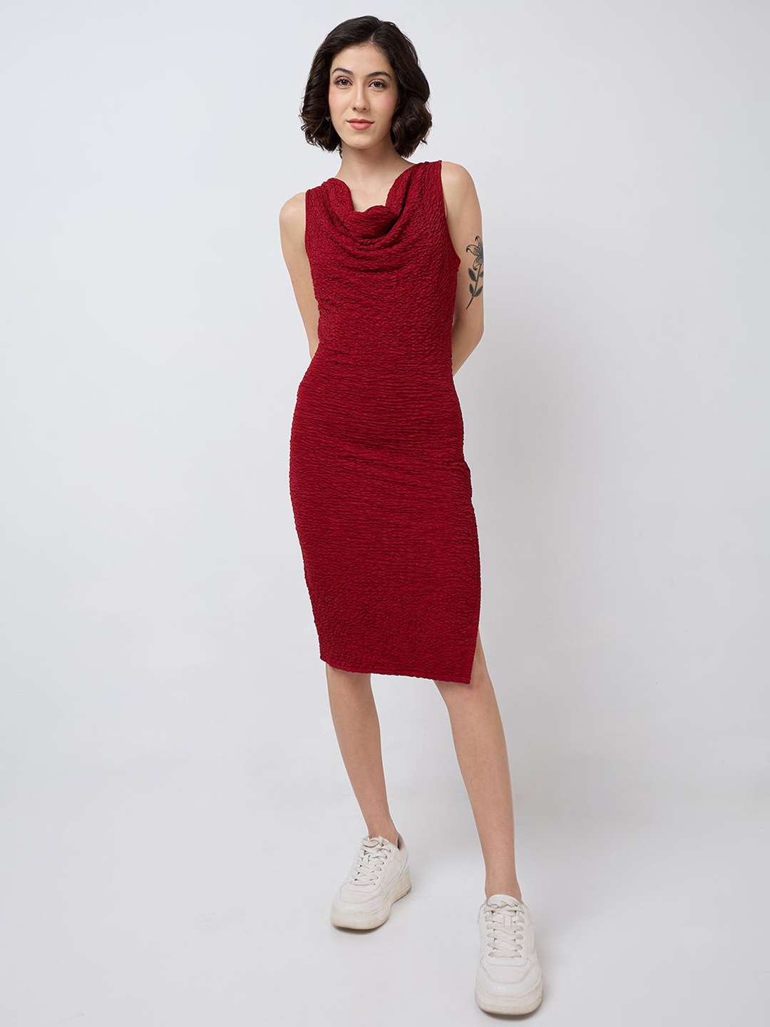 

SZN Solid Cowl Neck Side Slits Knee Length Cotton Bodycon Dress, Maroon