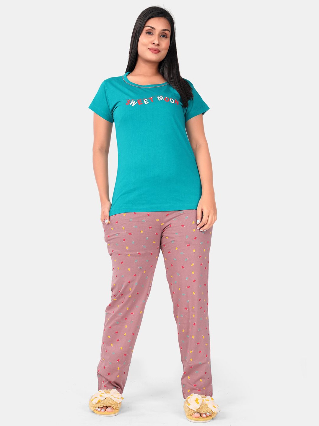 

SWEET MOON Printed Round Neck T-Shirt With Pyjama, Blue