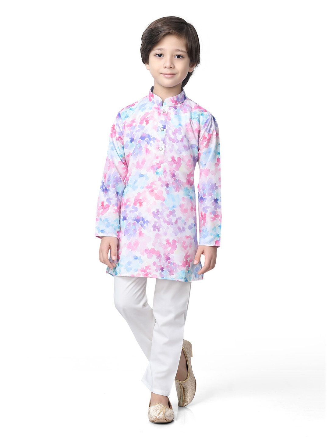 

earth conscious Boys Floral Printed Mandarin Collar Straight Kurta With Pyjamas, White