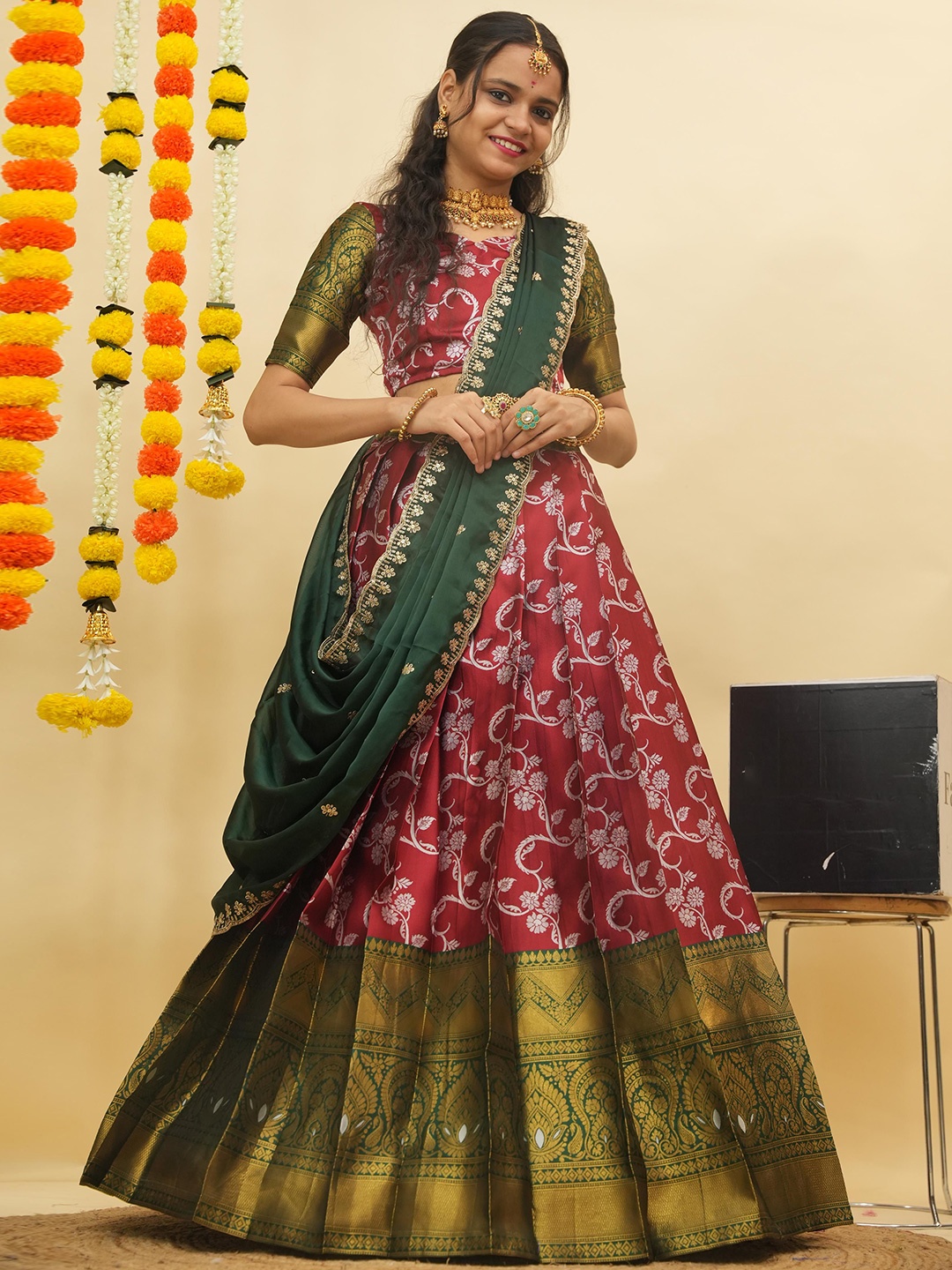 

Fabcartz Floral Woven Design Zari Semi-Stitched Lehenga & Unstitched Blouse With Dupatta, Maroon