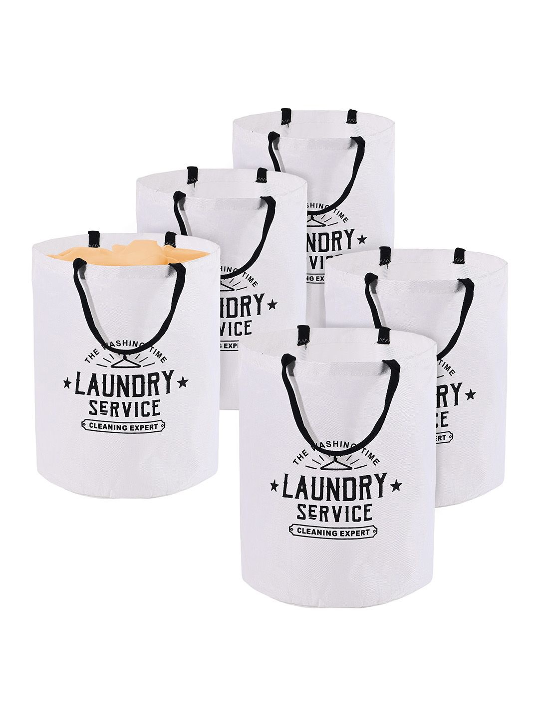 

Kuber Industries White & Black Pack of 5 Printed Foldable Cloth Basket With Handle