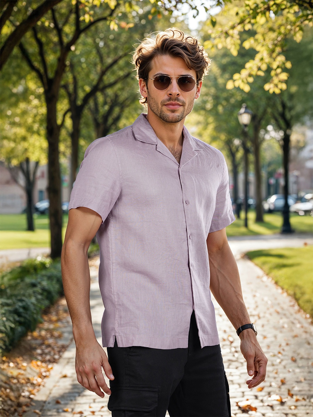 

Celio Men Classic Regular Fit Cuban Collar Solid Linen Casual Shirt, Purple