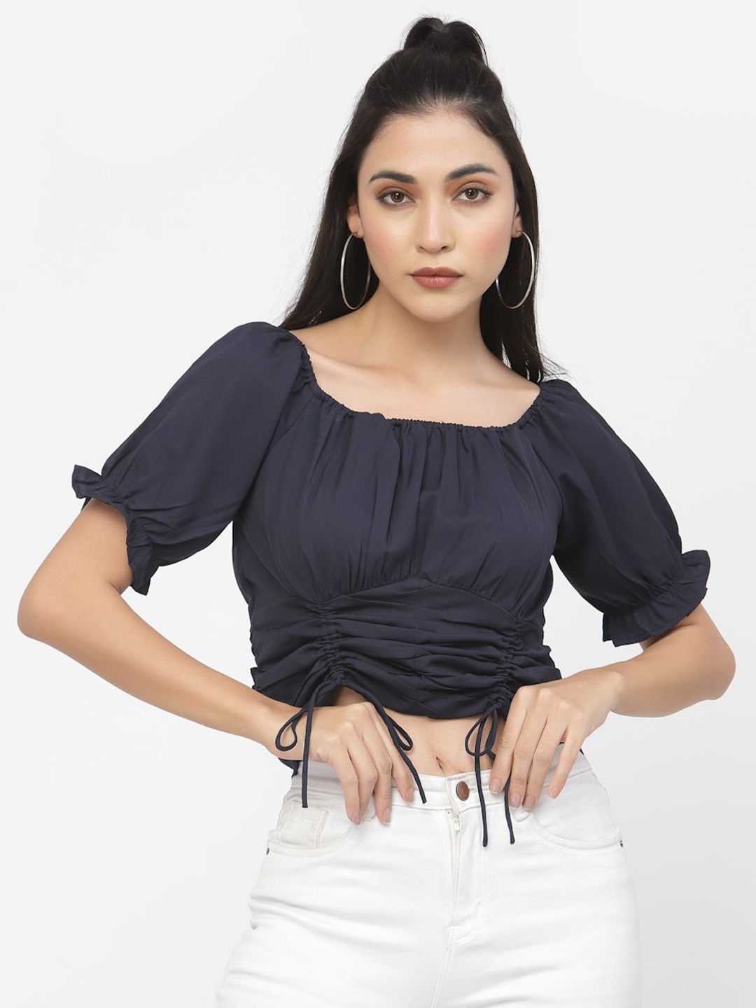 

DELIS Women Puff Sleeves Crop Top, Black