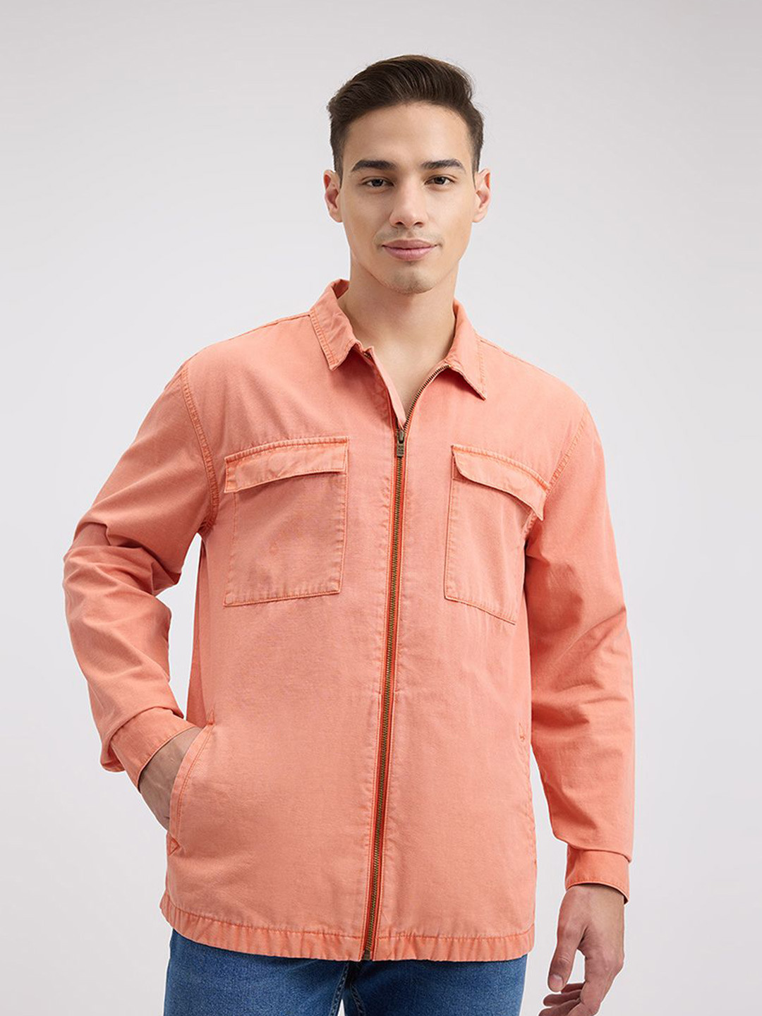 

Pepe Jeans Men Relaxed Fit Spread Collar Solid Cotton Casual Shirt, Orange