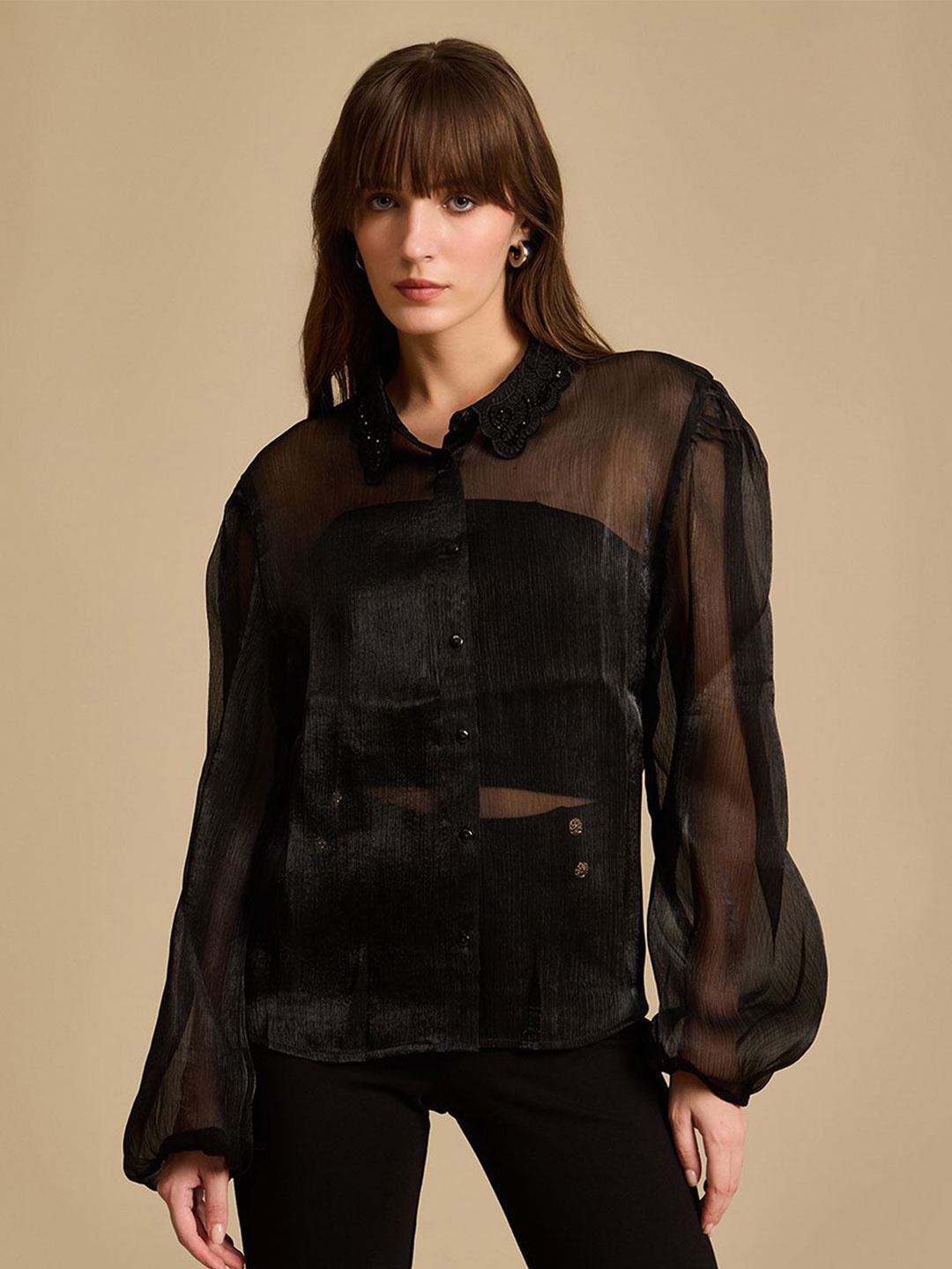 

Kazo Women Classic Relaxed Fit Spread Collar Solid Casual Shirt, Black