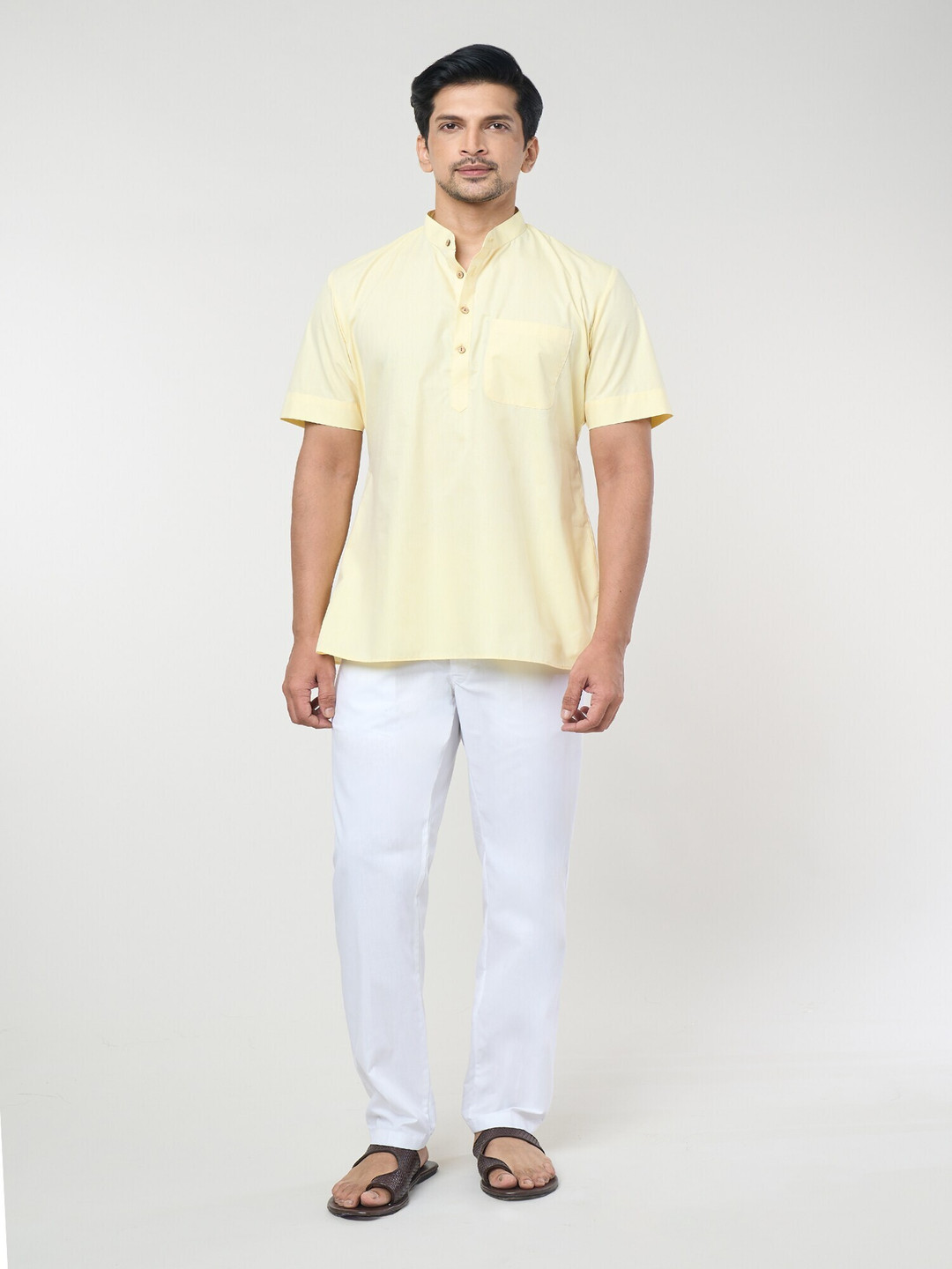 

RNG Safawala Band Collar Straight Pure Cotton Short Kurta With Trousers, Yellow