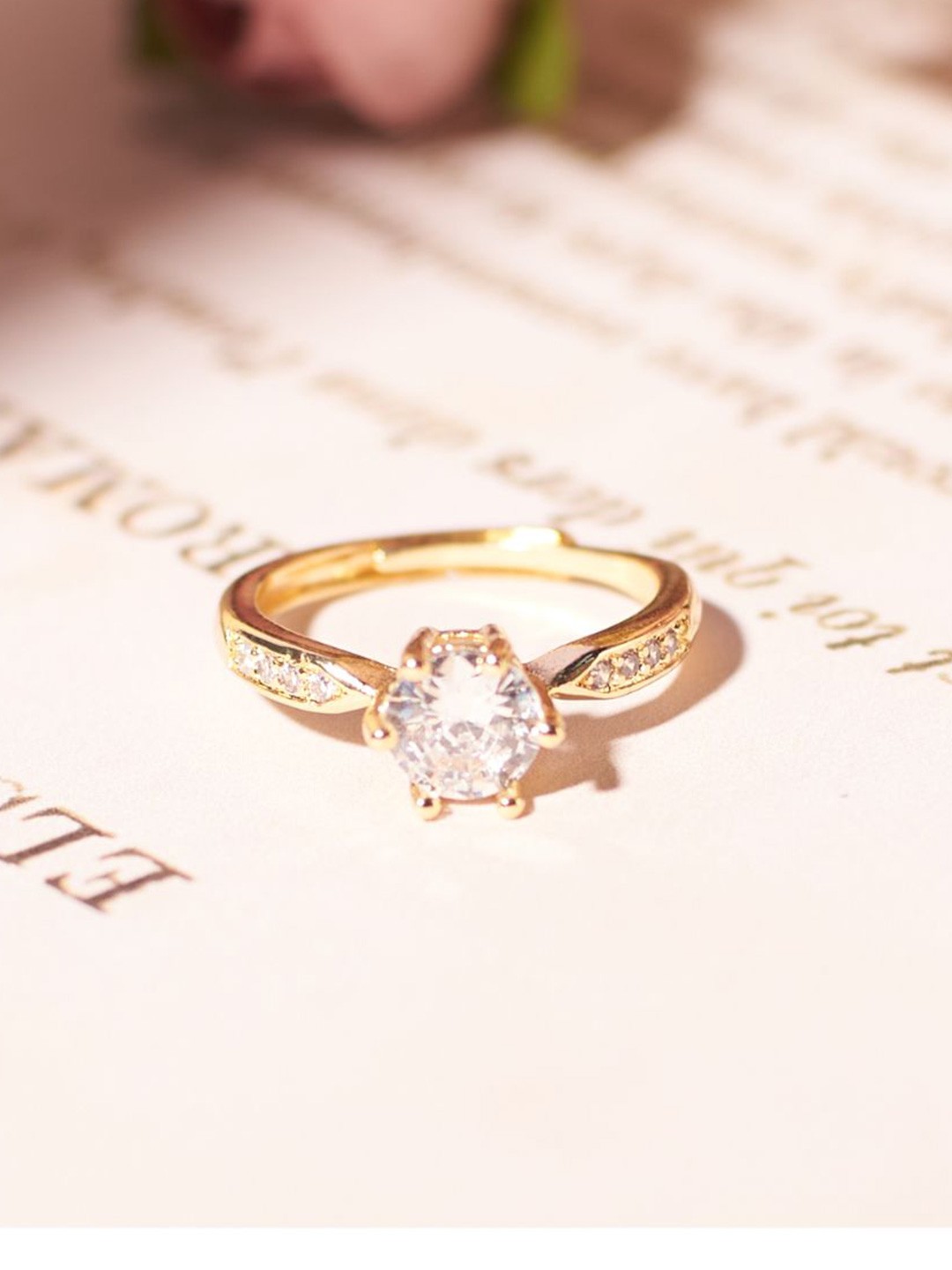 

SALTY Gold-Tone Artificial Stone Studded Engagement Ring For Women & Girls