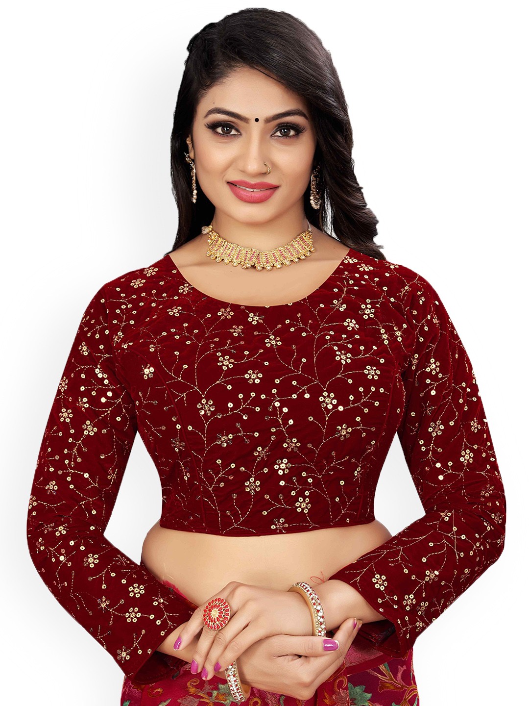 

HERE&NOW Embroidered Round Neck Princess Cut Saree Blouse, Maroon