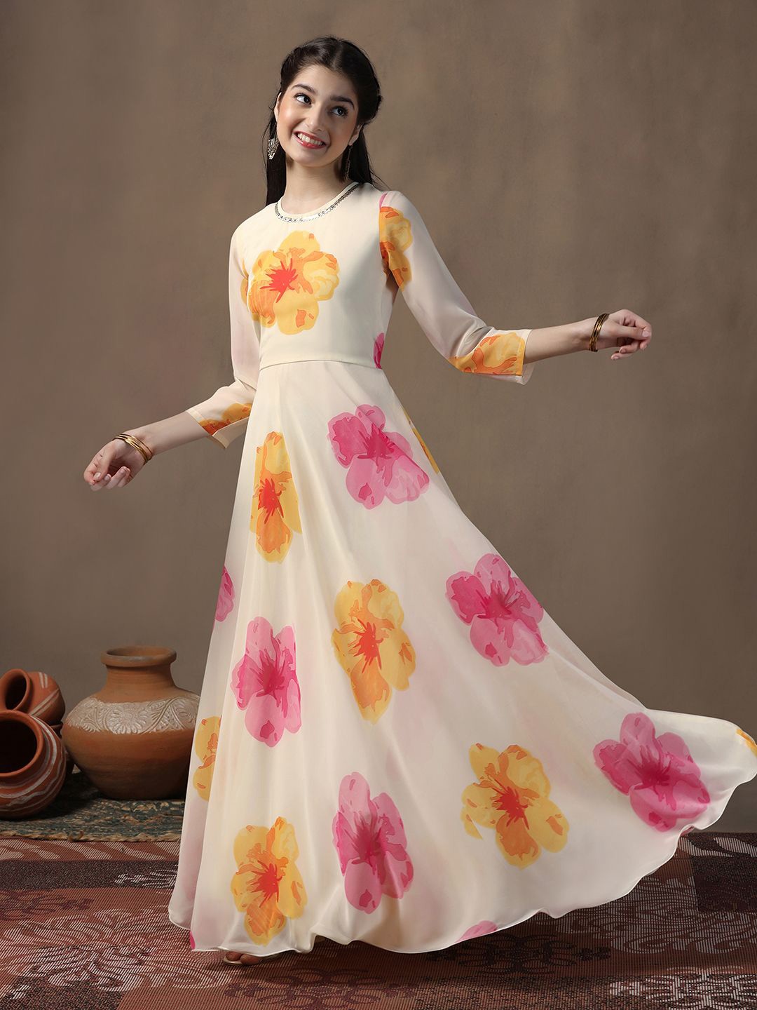 

Sangria Girls Floral Printed Fit & Flare Maxi Dress, Off white