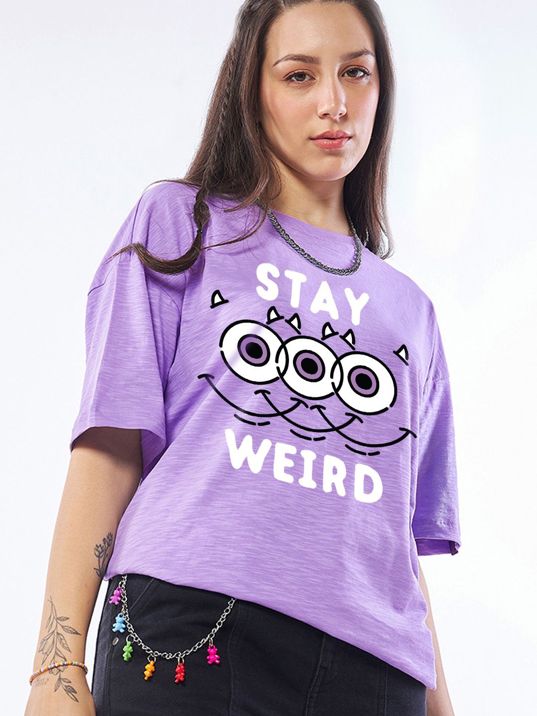 

Bewakoof AIR Women Typography Printed Round Neck Cotton Oversized T-shirt, Lavender
