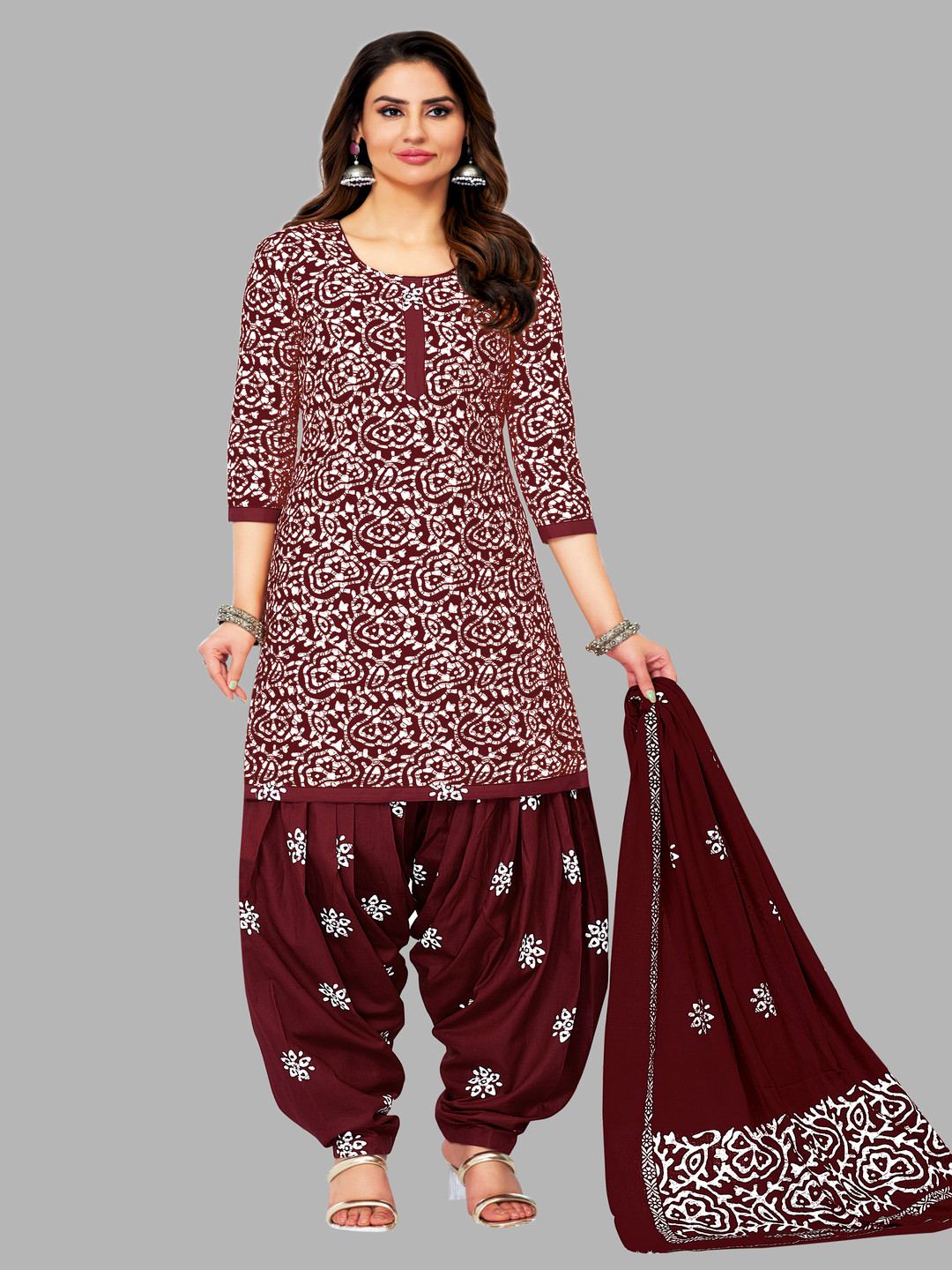 

Simmu Floral Printed Pure Cotton Unstitched Dress Material, Maroon