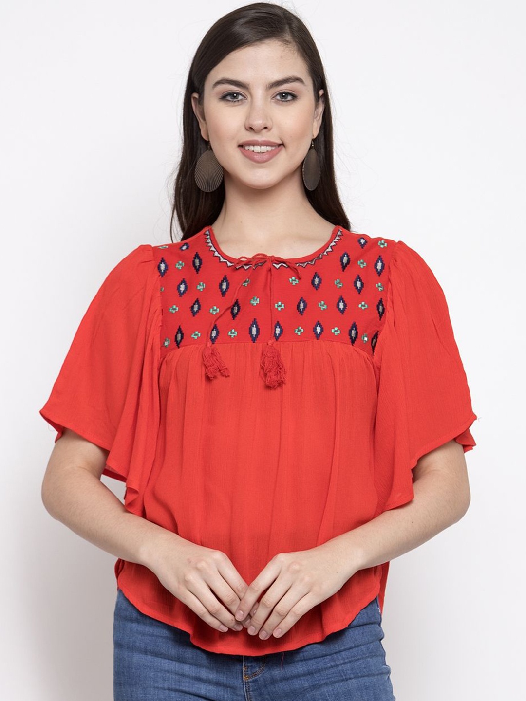 

Moda Rapido Embroidered Flared Sleeve Top, Red