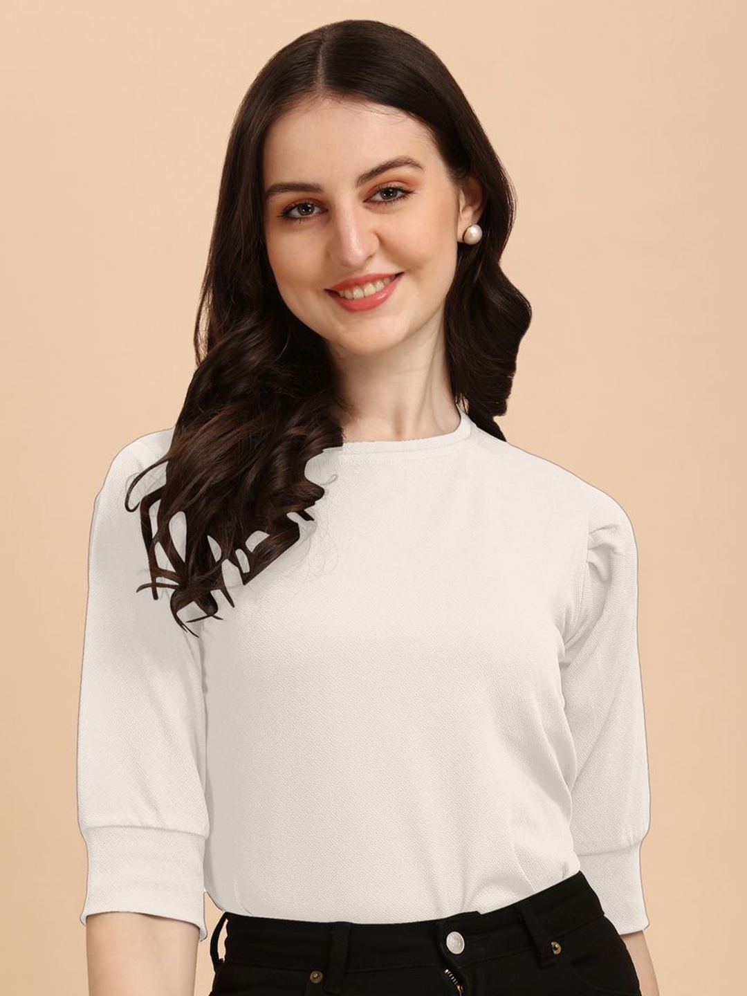 

CORSICA Cuffed Sleeves Crepe Regular Top, White
