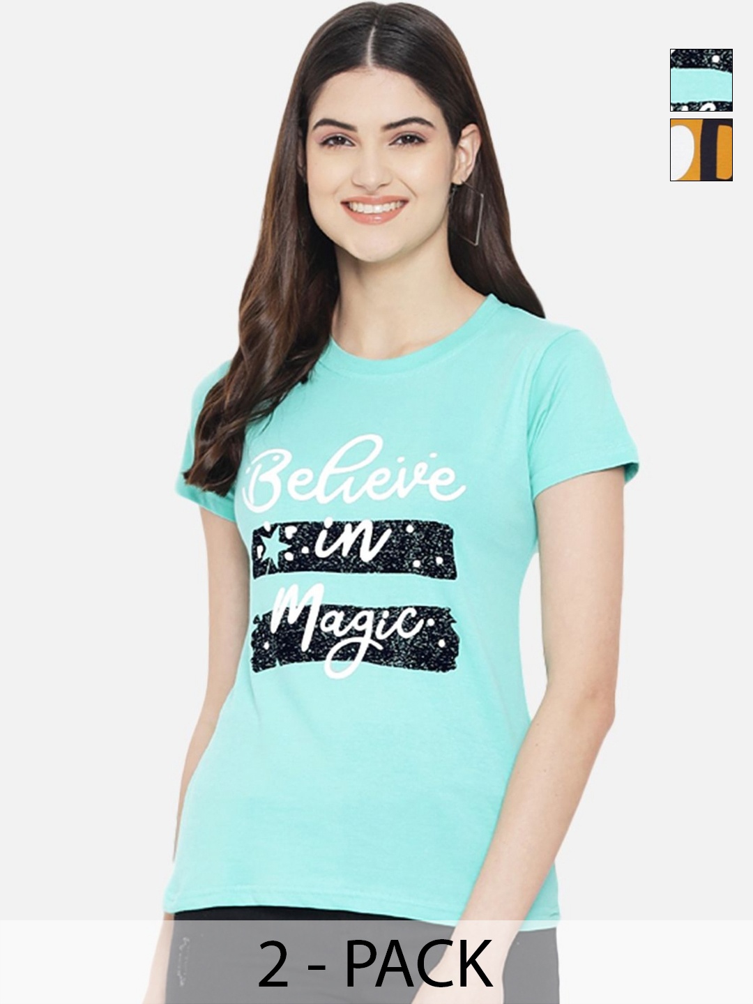 

Dreambe Women Pack Of 2 Graphic Printed Round Neck Cotton T-shirts, Turquoise blue