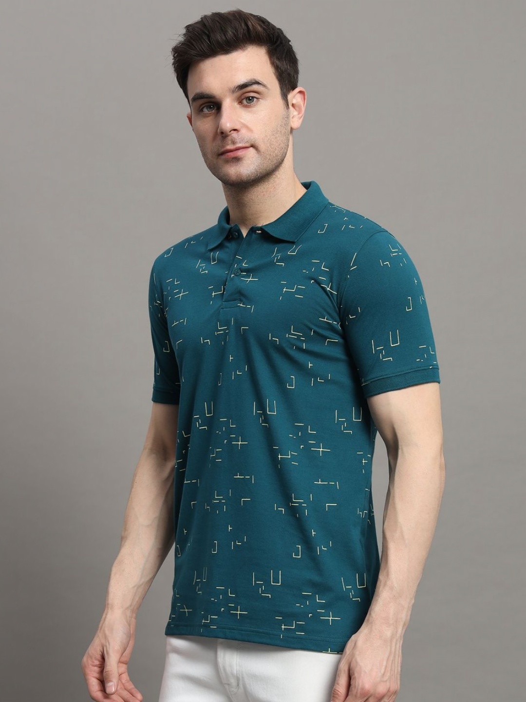 

MERRIMENT Men Geometric Printed Polo Collar Cotton T-shirt, Teal