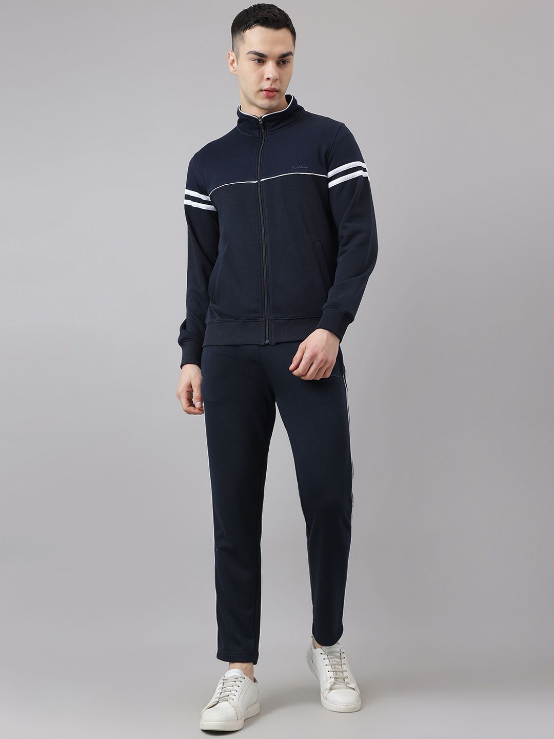 

Richlook Men Striped Mock Collar Neck Tracksuit, Navy blue