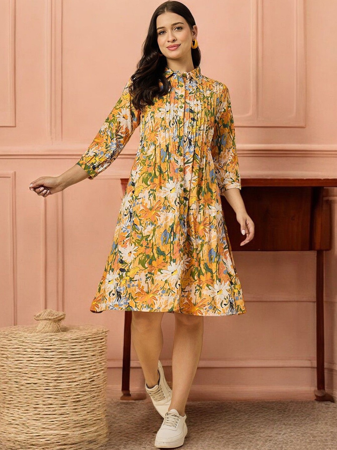 

Azira Women Cotton Floral Printed Shirt Midi Dress, Yellow