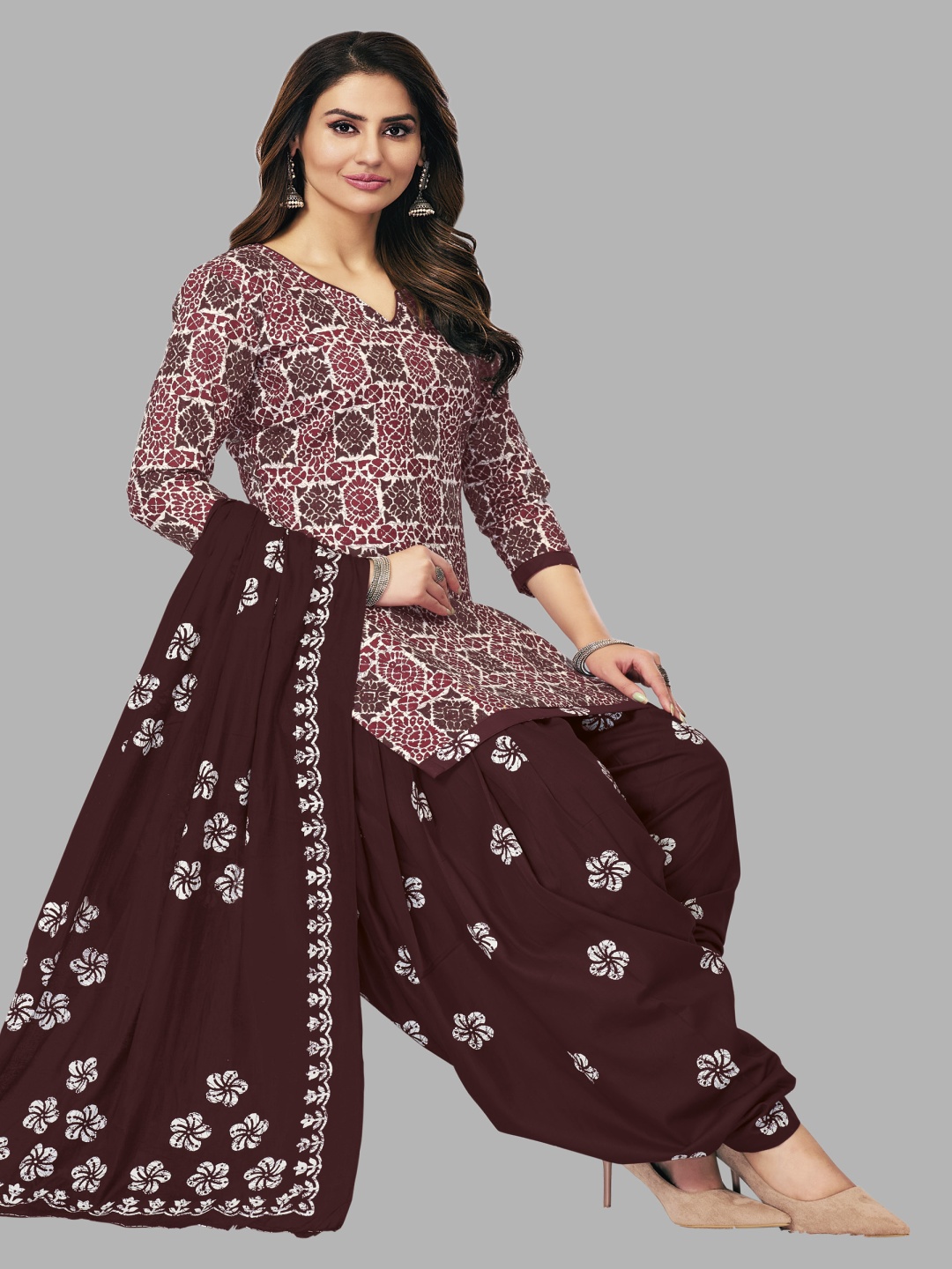 

shree jeenmata collection Printed Pure Cotton Unstitched Dress Material, Maroon