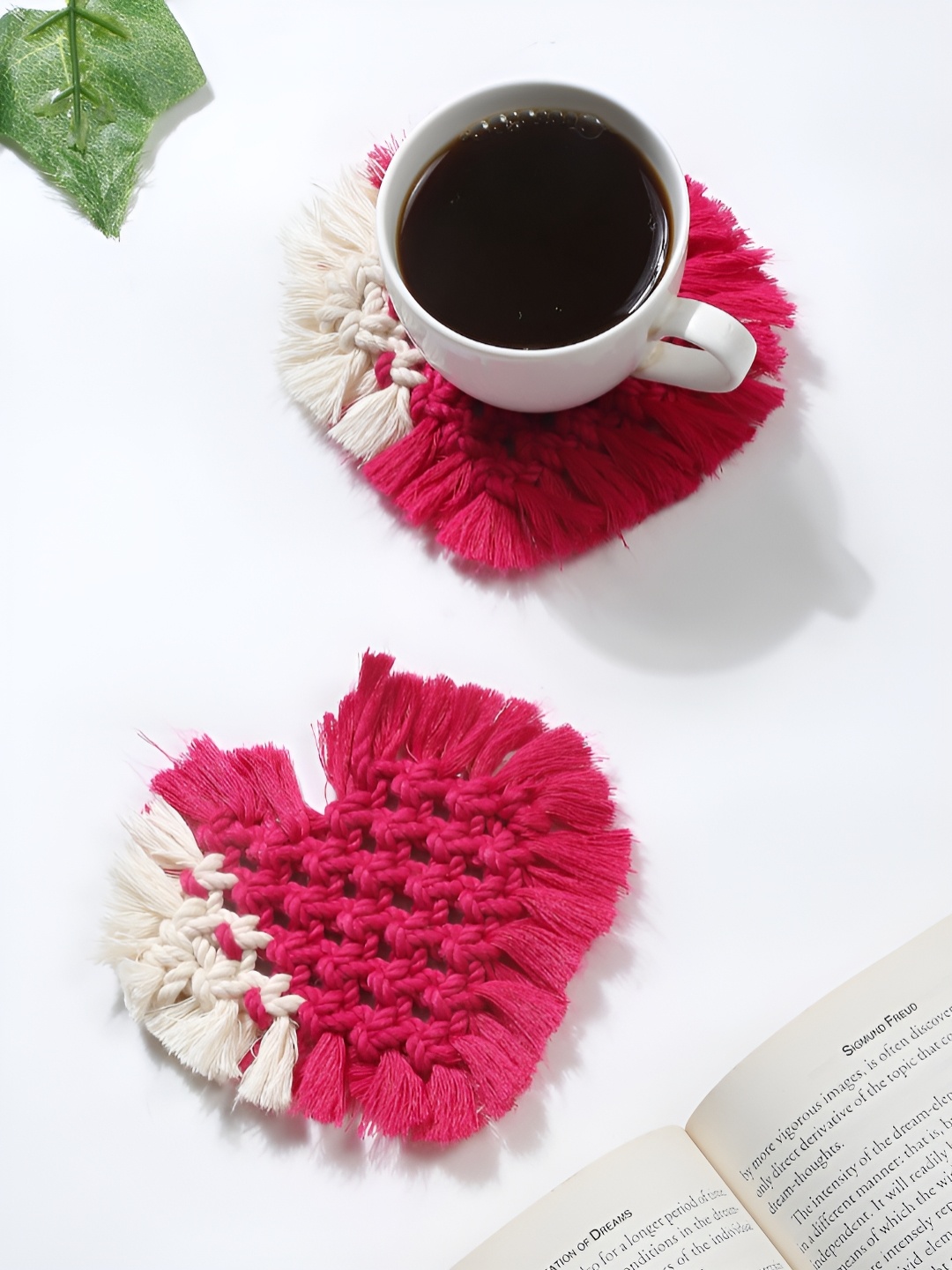 

My Creative Hut White & Pink 2 Pcs Heart Shape Macrame Coasters