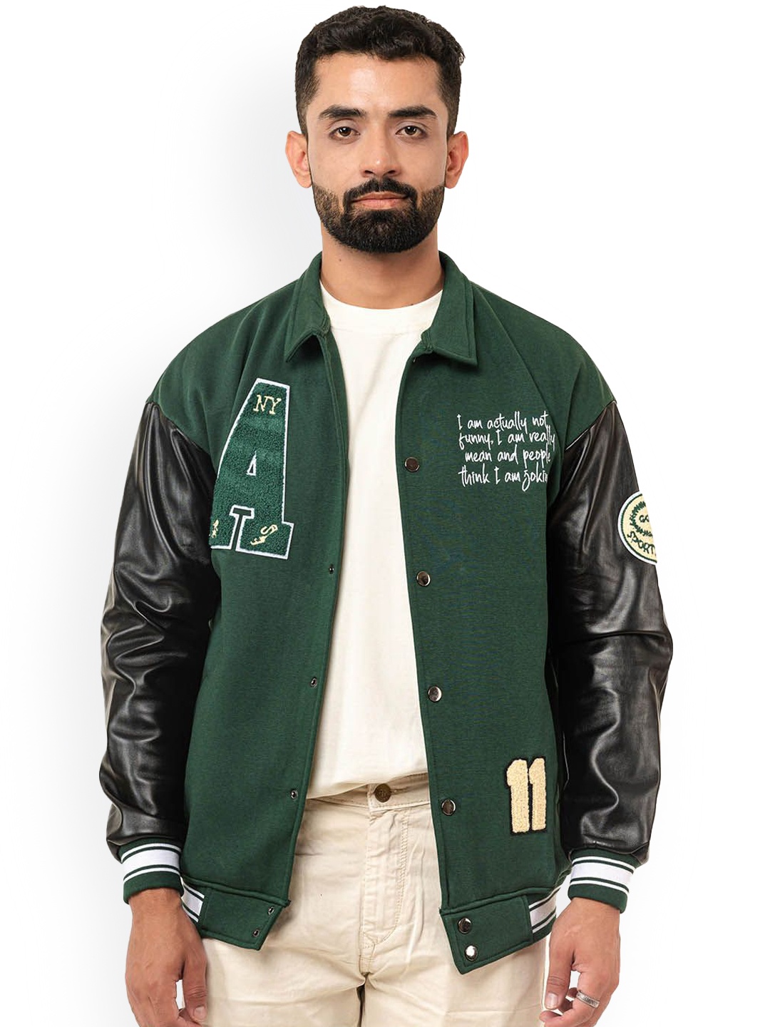 

Tistabene Men Spread Collar Typography Printed Cotton Casual Lightweight Bomber Jacket, Green