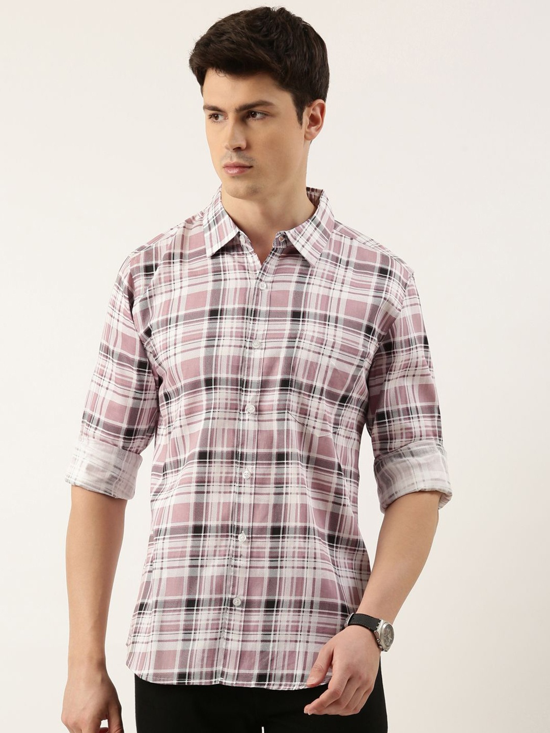 

Metronaut Men Spread Collar Tartan Checked Cotton Casual Shirt, Pink
