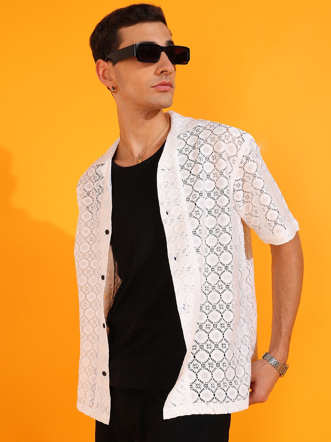 

INDICLUB Men Relaxed Fit Cuban Collar Textured Casual Shirt, White