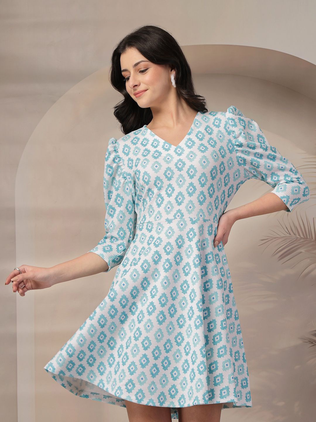 

Style Quotient Print Puff Sleeve Fit & Flare Dress, Sea green