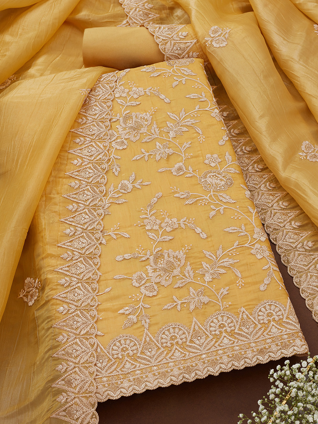 

Soch Floral Embroidered Sequinned Unstitched Dress Material, Gold