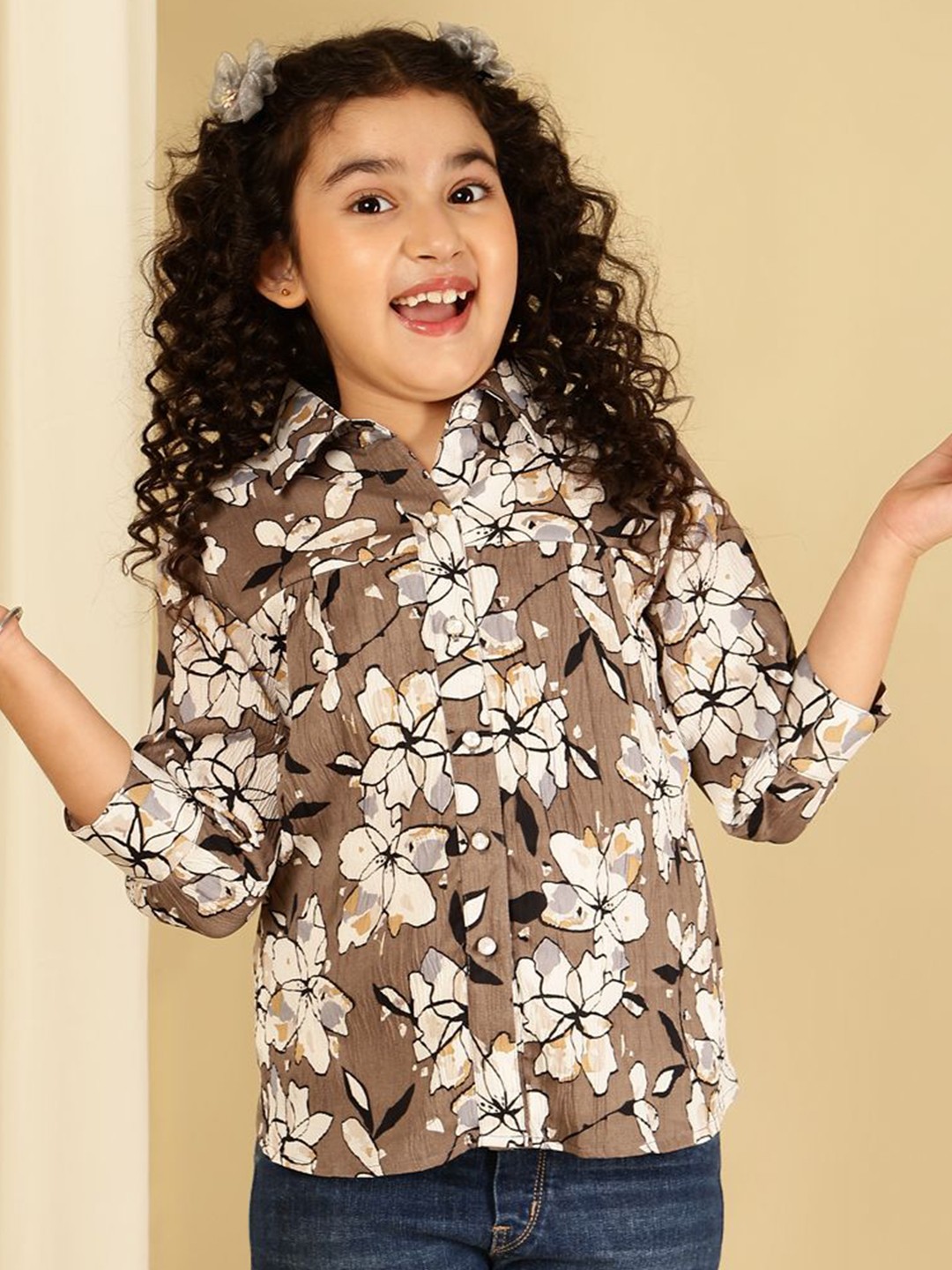 

Ishti Girls Floral Print Shirt Style Top, Brown
