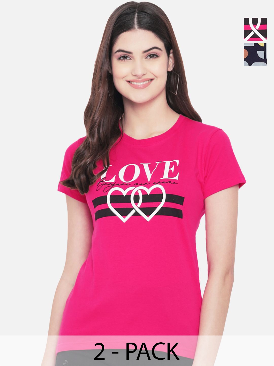 

Dreambe Women Pack Of 2 Graphic Printed Round Neck Cotton T-shirts, Pink
