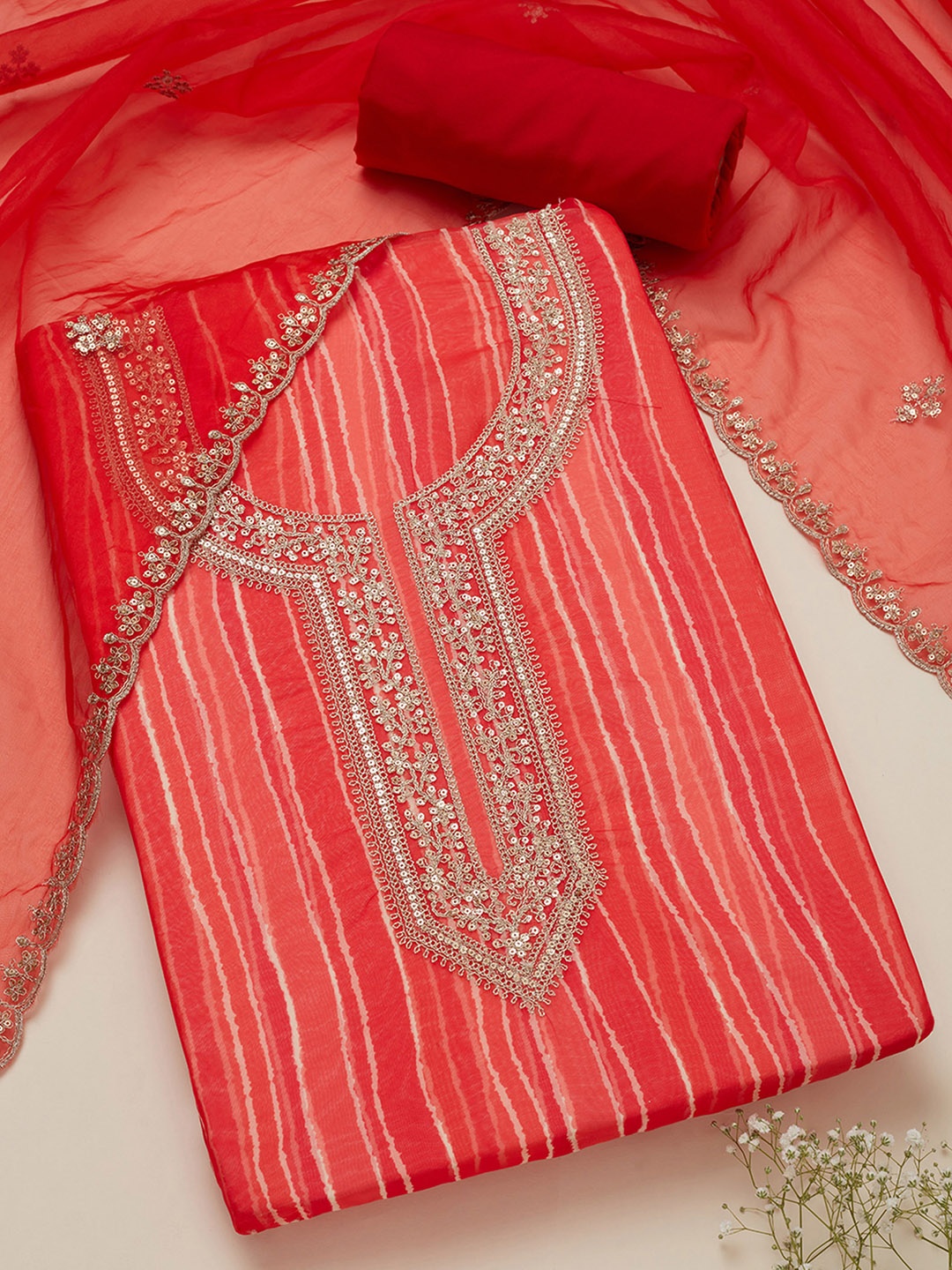 

Soch Striped Printed Organza Unstitched Dress Material, Red