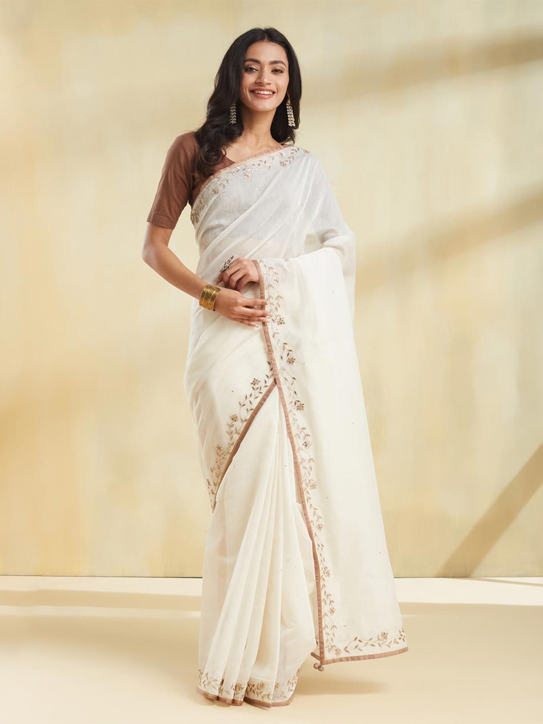 

Fabindia Ethnic Motifs Silk Cotton Saree, Off white