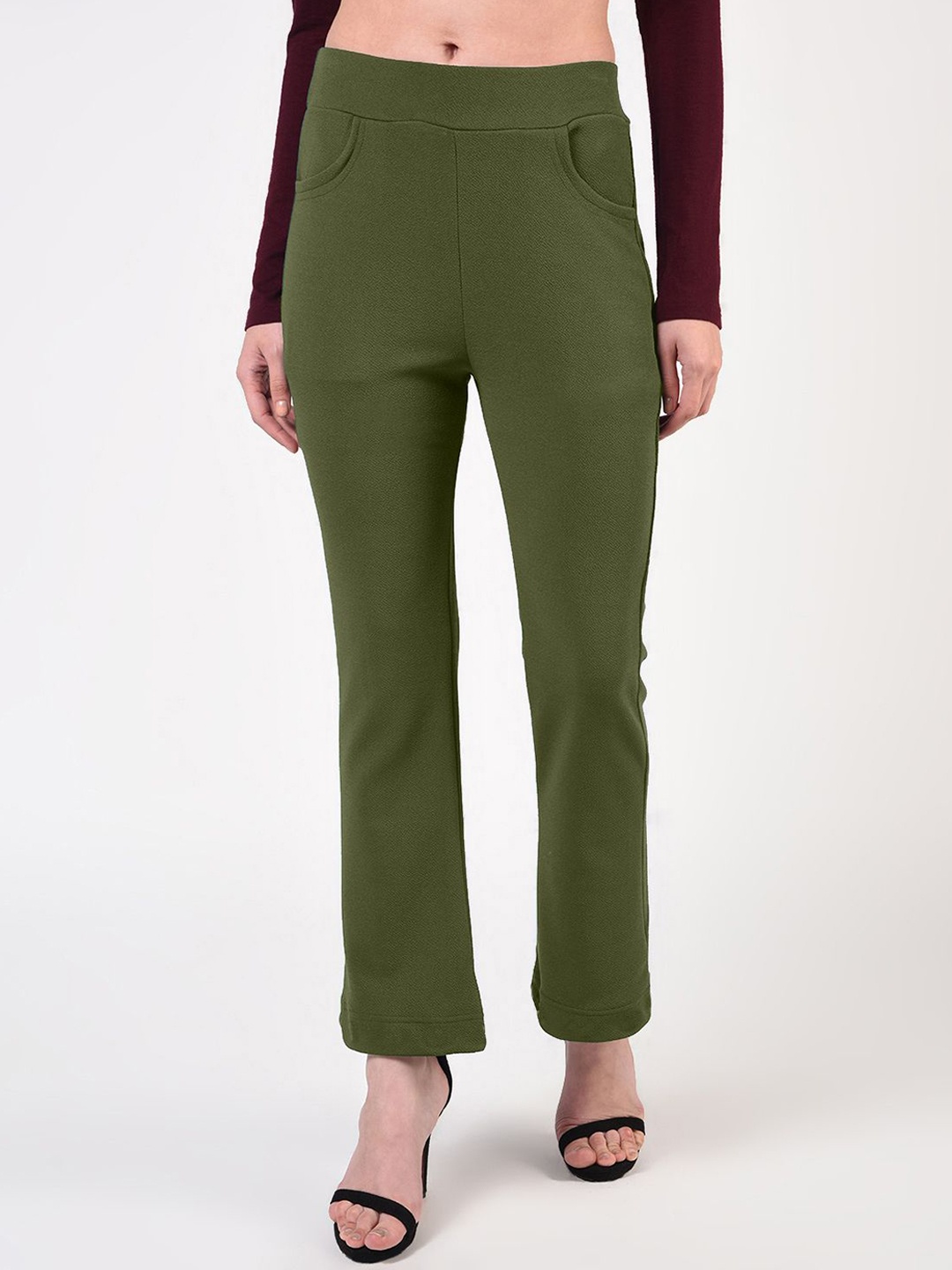 

FLOREOS Women Textured Comfort Wrinkle Free Trousers, Olive