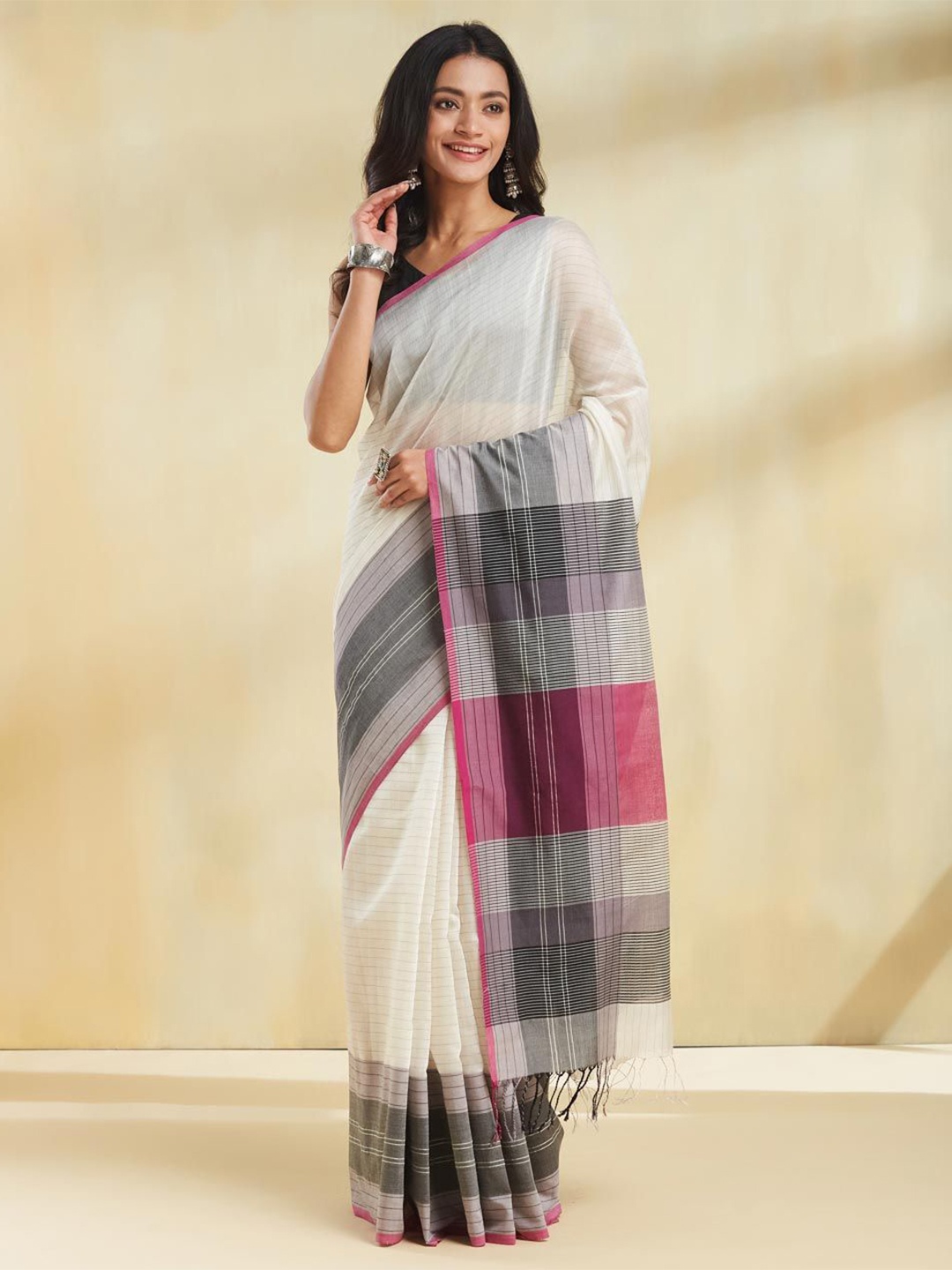 

Fabindia Striped Saree, White