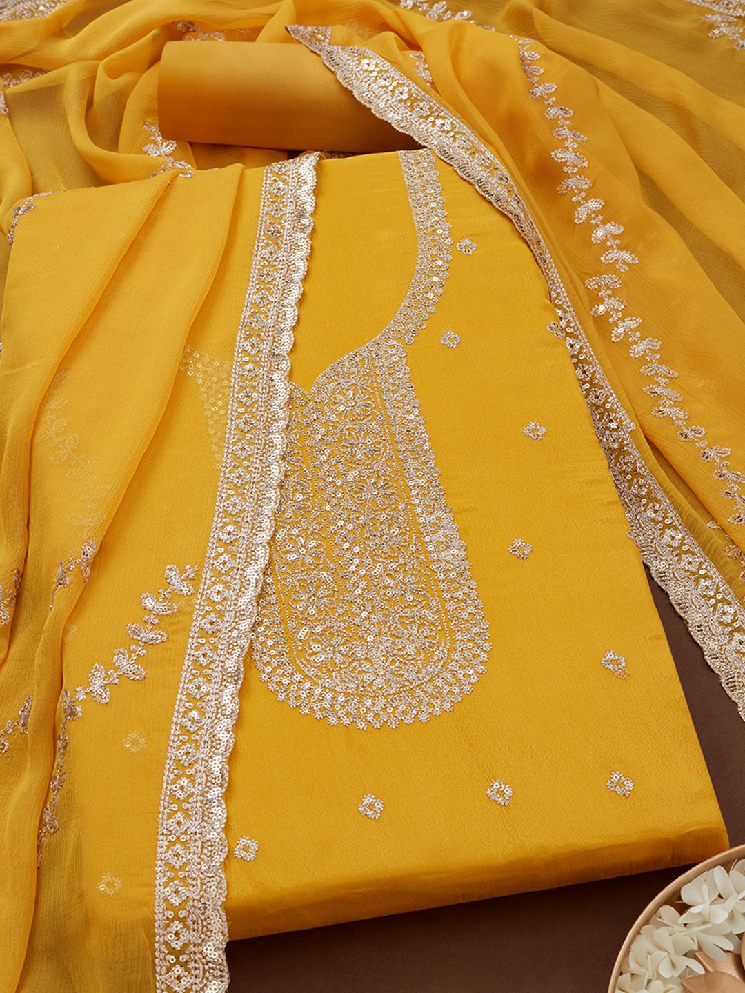 

Soch Floral Embroidered Sequinned Unstitched Dress Material, Yellow