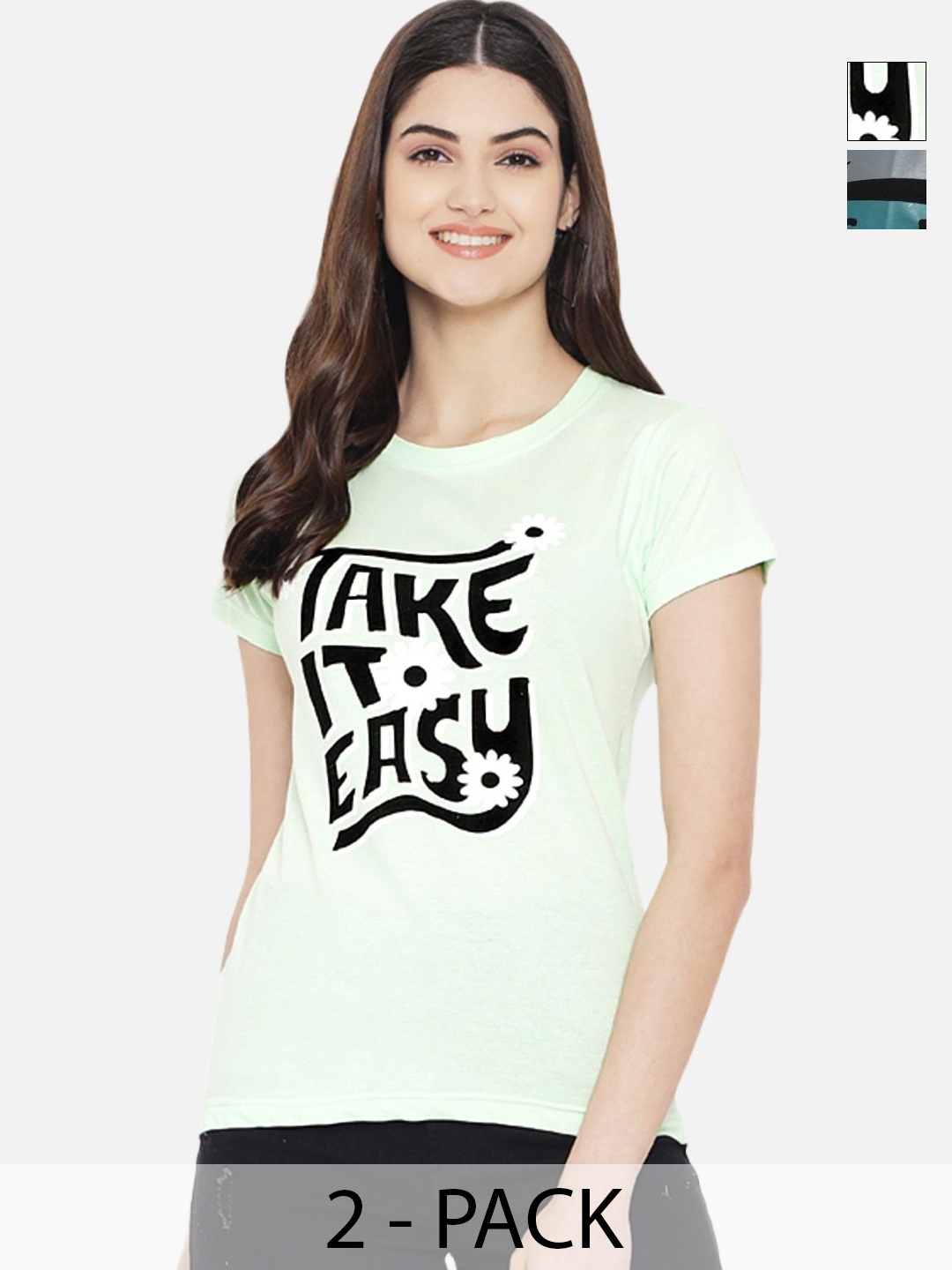 

Dreambe Women Pack Of 2 Typography Printed Round Neck Cotton T-shirts, White