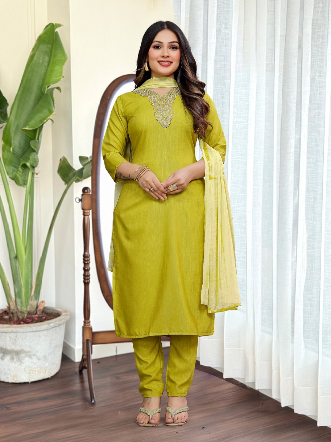 

Fashion Ritmo Woven Design Embroidered Straight Kurta with Trouser And Dupatta, Green