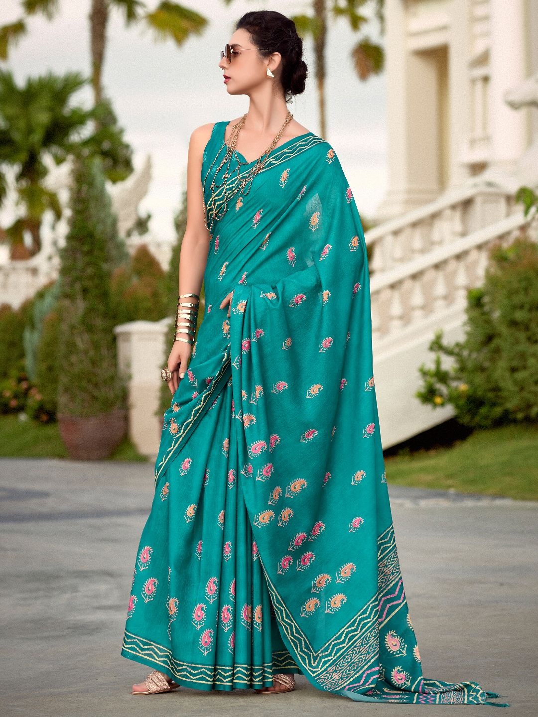 

LeeliPeeri Designer Paisley Saree With Blouse Piece, Teal