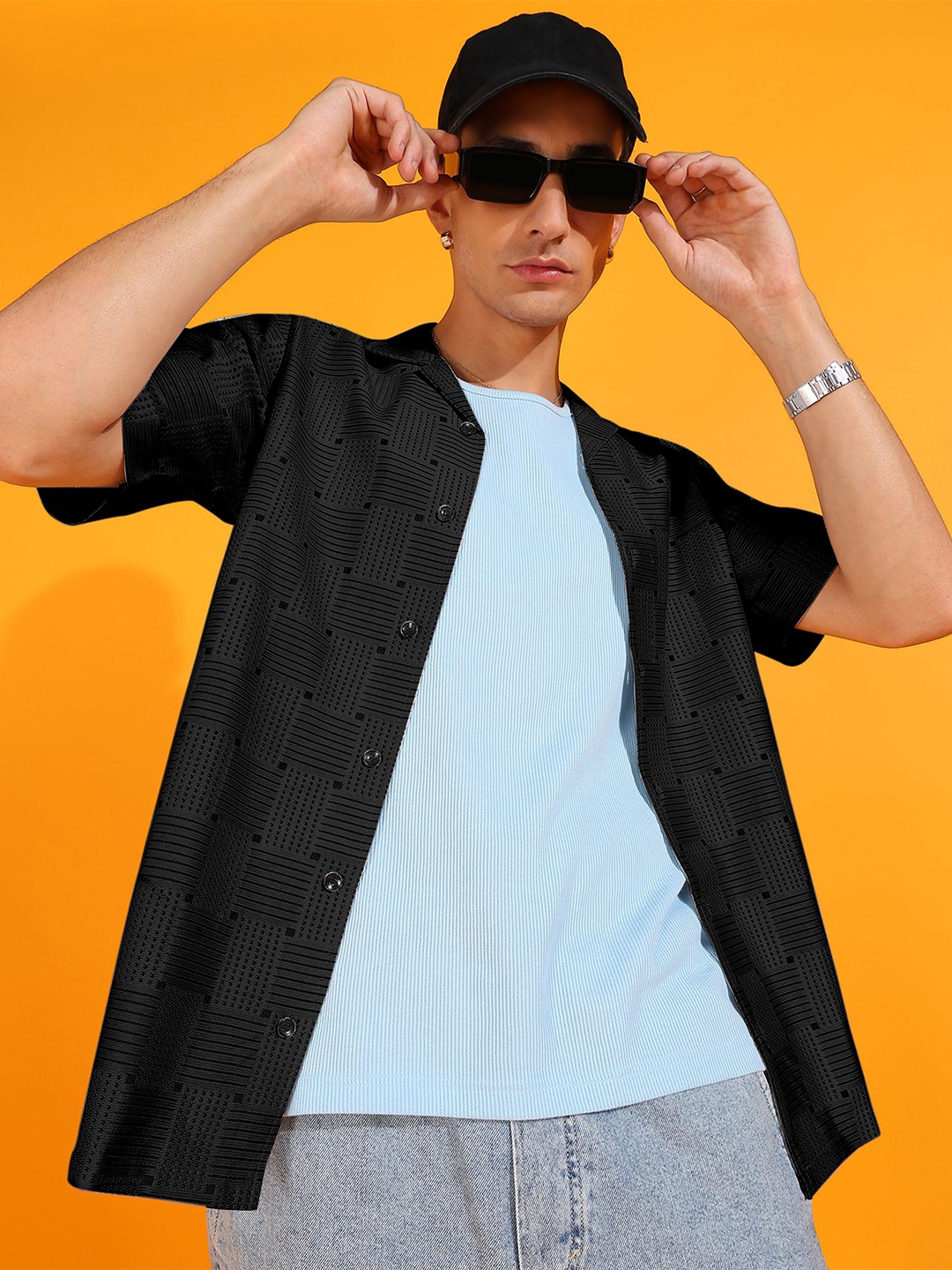 

INDICLUB Men Relaxed Fit Cuban Collar Textured Casual Shirt, Black