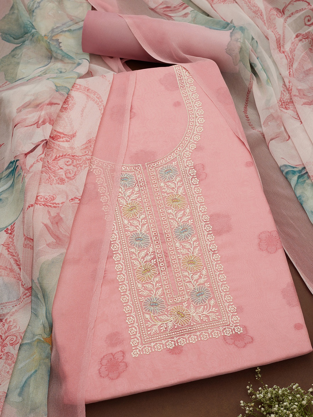 

Soch Floral Embroidered Thread Work Unstitched Dress Material, Pink