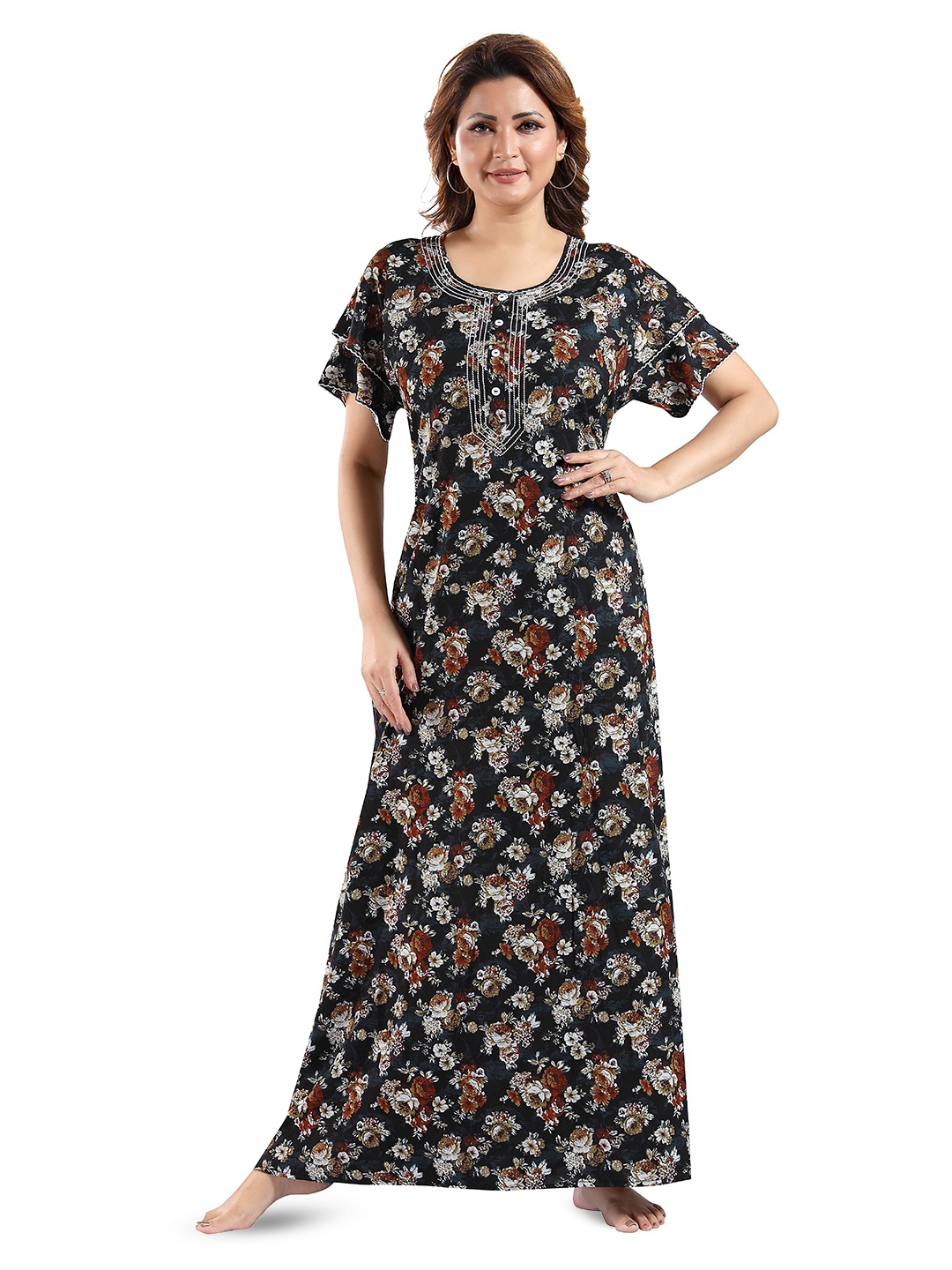 

NIGHT QUEEN Women Floral Printed Pure Cotton Maxi Nightdress, Black