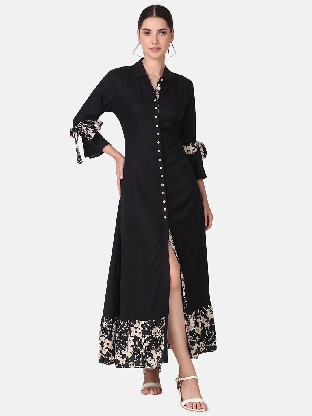 

Pose india Women Cotton Flared Sleeve Shirt Maxi Dress, Black