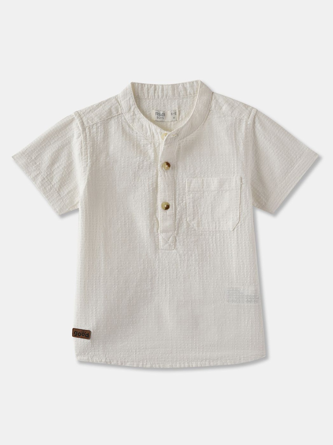 

R&B Boys Band Collar Textured Cotton Casual Shirt, Off white