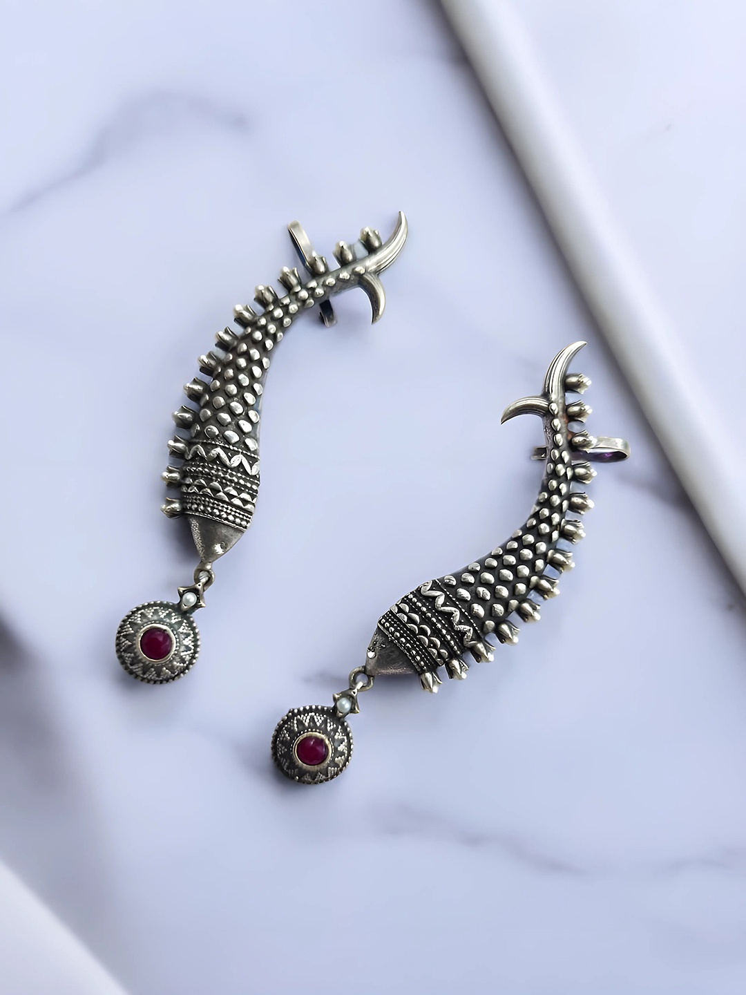 

Dulcett Silver-Plated Artificial Stone Studded Oxidised Contemporary Shaped Ear Cuff