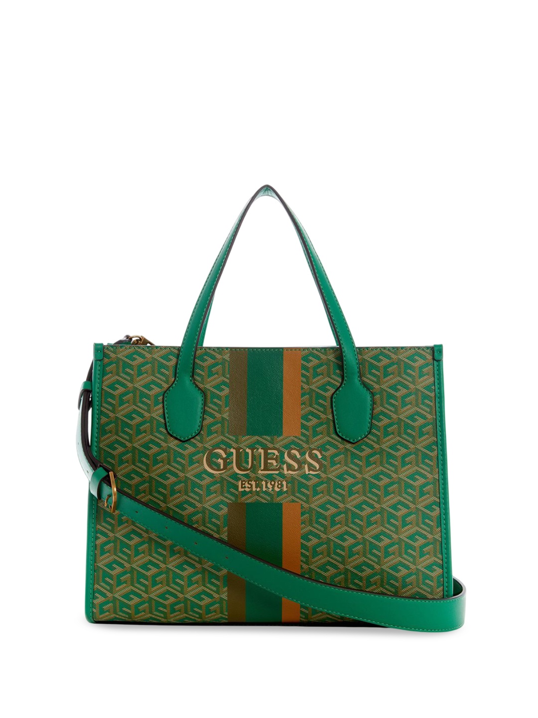 

GUESS Printed PU Structured Tote Bag with Cut Work, Green